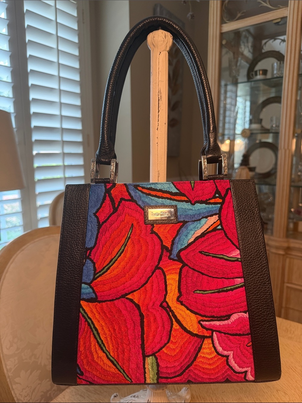 Pineda Covalin Leather Handbag w/ Silk Embroidered Juchitan Flower Pattern.